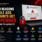 Google Ads account suspension warning showing the top 10 reasons Google Ads accounts get suspended, including policy violations, misleading content, payment issues, and business verification problems, with prevention tips by Galaxy Advertise.