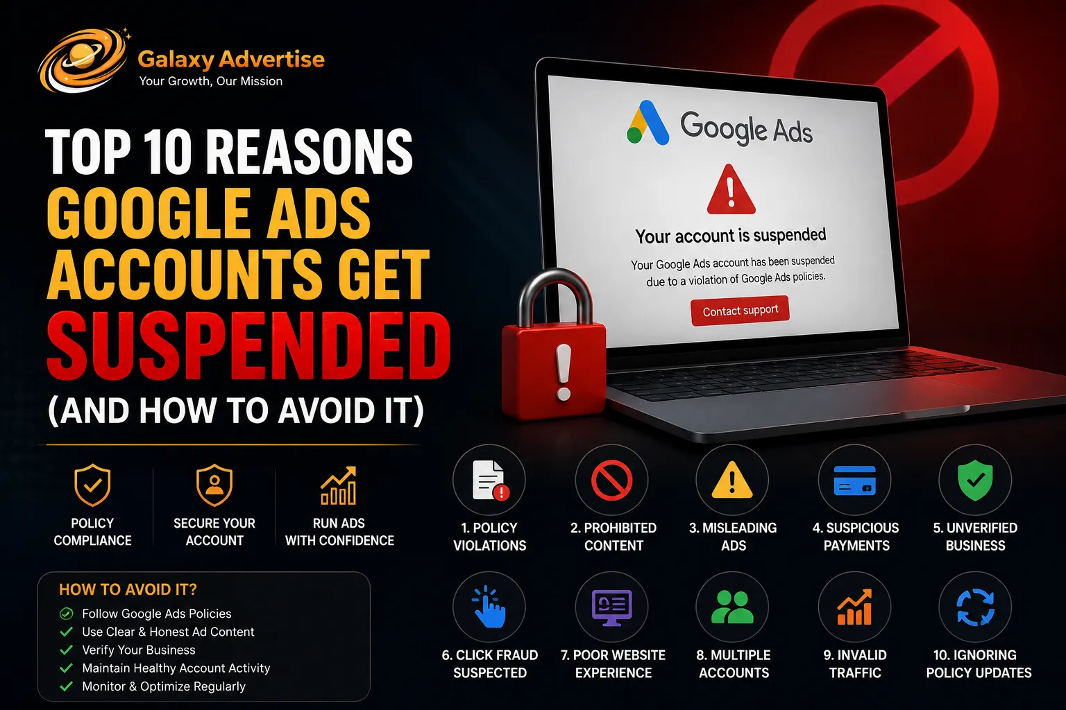 Google Ads account suspension warning showing the top 10 reasons Google Ads accounts get suspended, including policy violations, misleading content, payment issues, and business verification problems, with prevention tips by Galaxy Advertise.